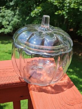 Vintage Anchor Hocking 70 Oz Clear Pumpkin Glass Candy Jar with Lid 8"